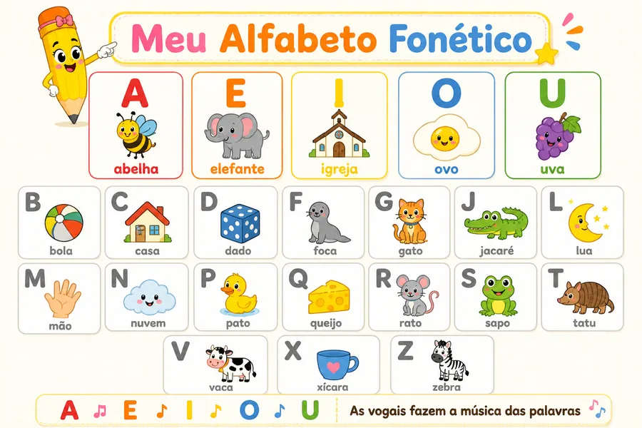 Cartaz do alfabeto ilustrado e checklist de progresso do Kit Grafismo Fonético