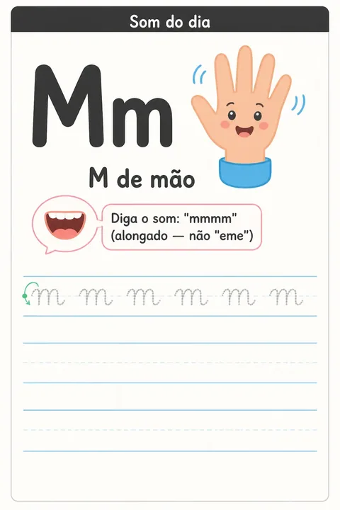 Ficha da consoante M: traçado cursivo + imagem-chave da mãozinha