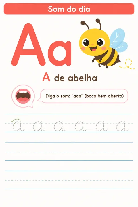 Ficha da vogal A: traçado cursivo + imagem-chave da abelhinha